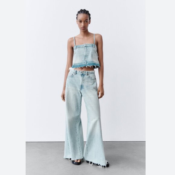 New ZARA Denim Jean Cropped Pants Top Spaghetti Strap Blue Wash Bloggers Fave - Picture 4 of 8